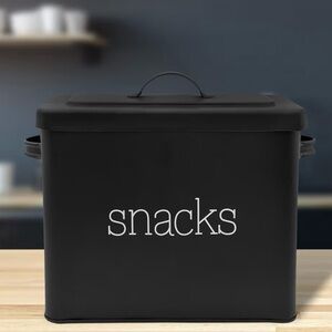 NIB Enamel Coated Alloy Steel Matt Black Snack Box with White Typewriter Letters